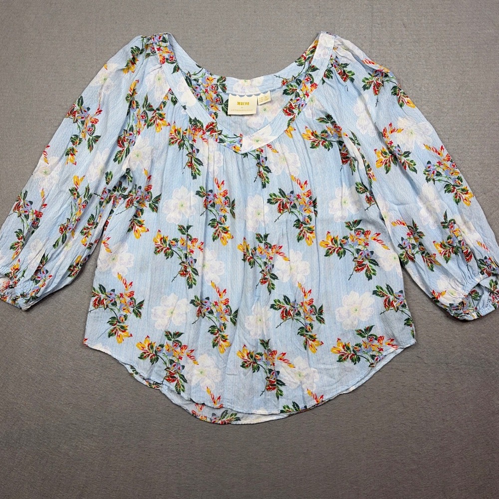 Maeve Anthropologie Floral Striped V-Neck Blouse Blue White 12P Petite Viscose‎